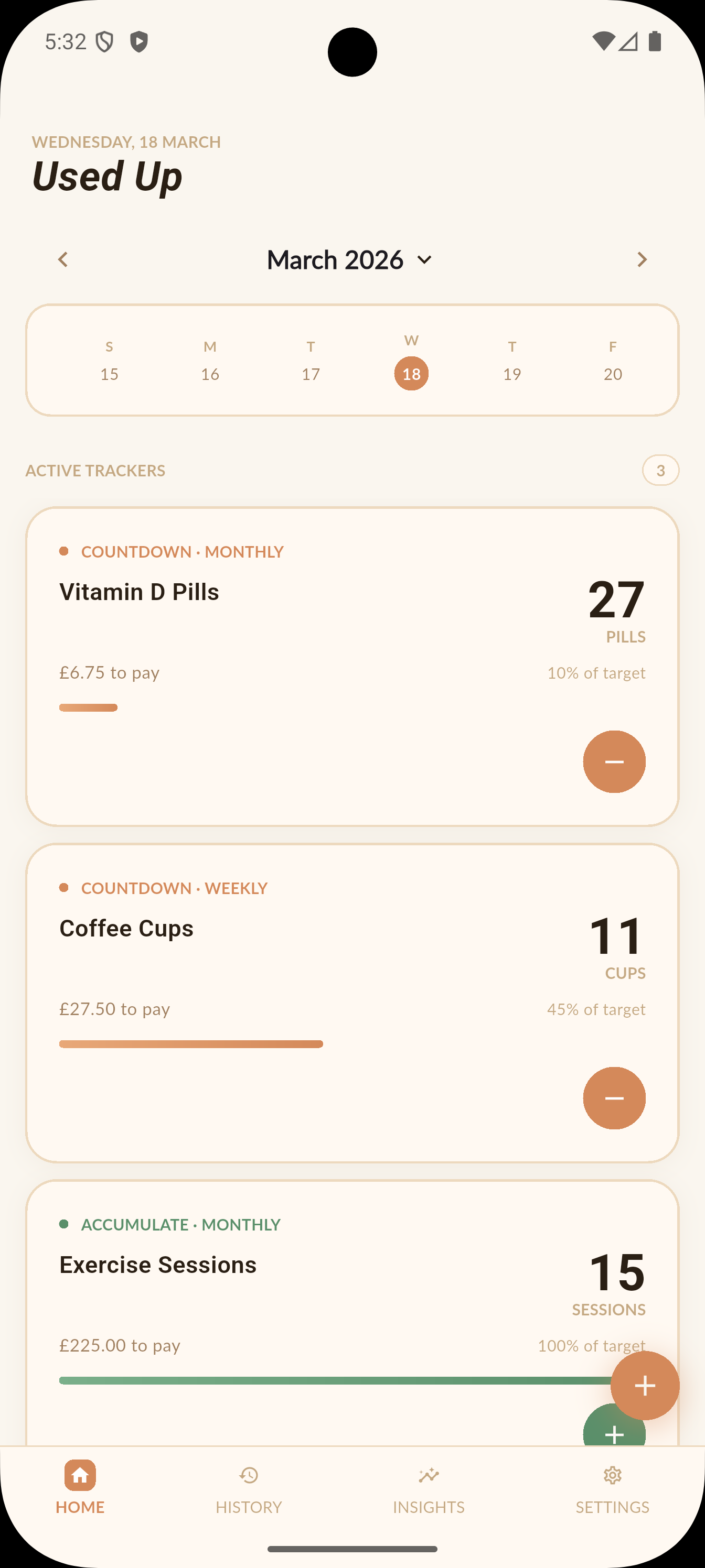 Home screen showing active trackers